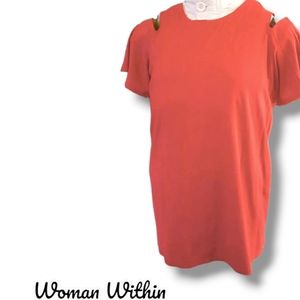 Woman within sunset coral cold shoulder tunic